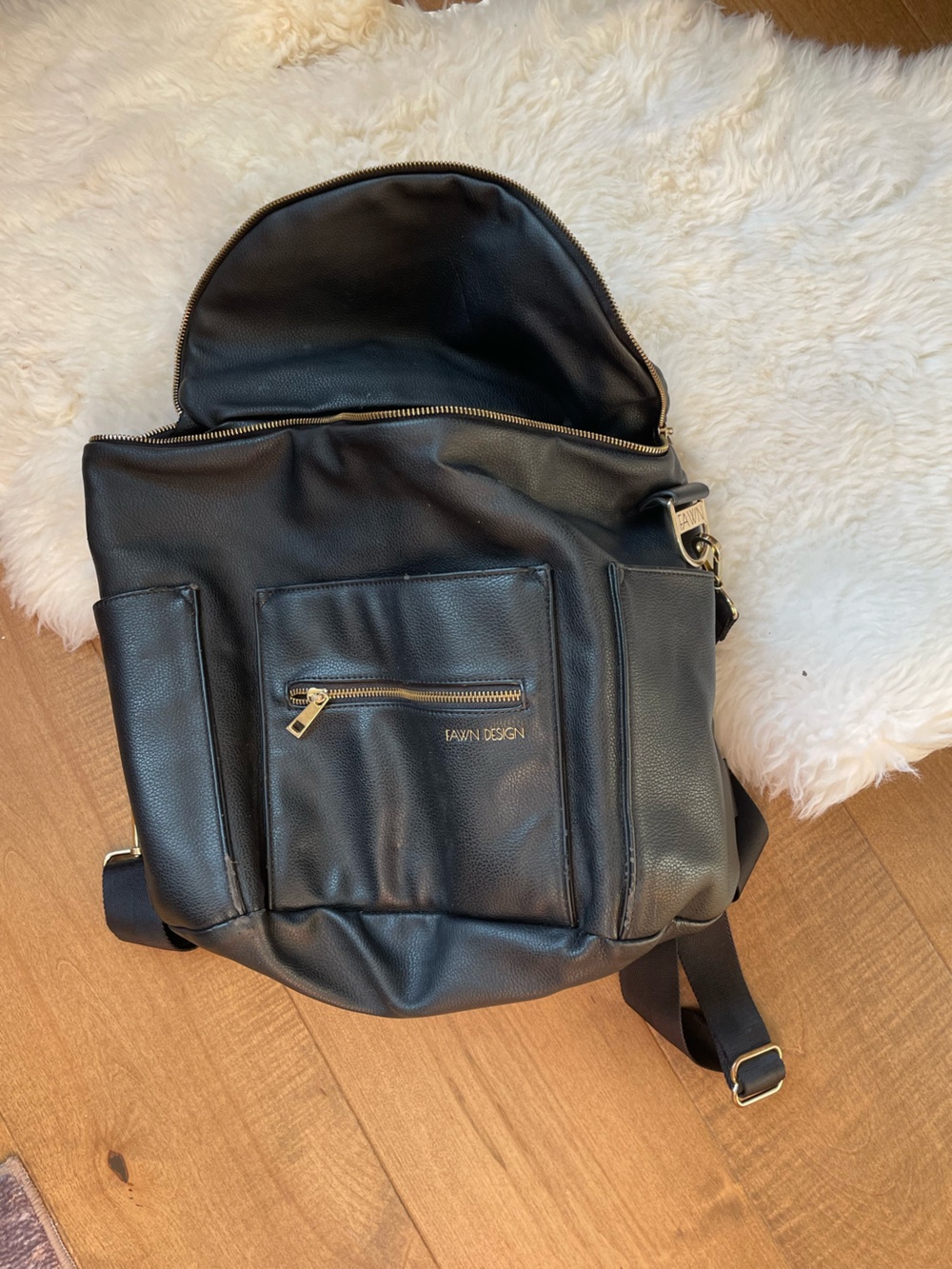 Fawn design diaper bag in Black Leather Backpack with Gold Hardware